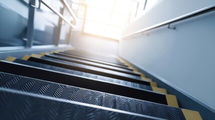 Fototapeta premium Modern industrial stairwell features anti slip strips, showcasing sleek design and safety elements. bright light streaming in creates inviting atmosphere, enhancing overall aesthetic