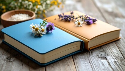Fototapeta premium Two hardcover books, light blue and tan, rest on a rustic wooden table. Herbal flowers and sprigs adorn their covers. A small bowl of white grains sits in the background