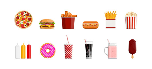 Collection of fast food and snack items. Flat design set of burger, pizza, fries, hot dog, soda, milkshake, donut, and ice cream icons.