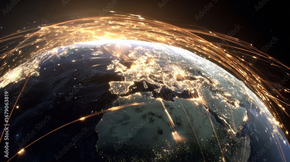 Poster bright lines connect cities across the globe in a night view of earth. this visual representation sh