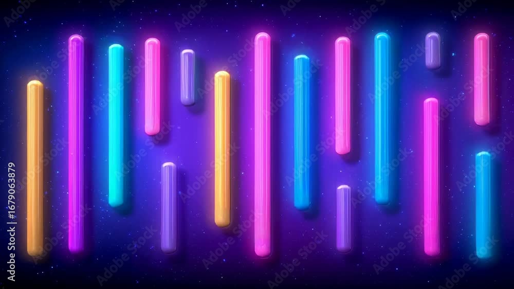 Poster glowing vertical cylindrical shapes suspended in deep cosmic environment, illuminated gradient bars 