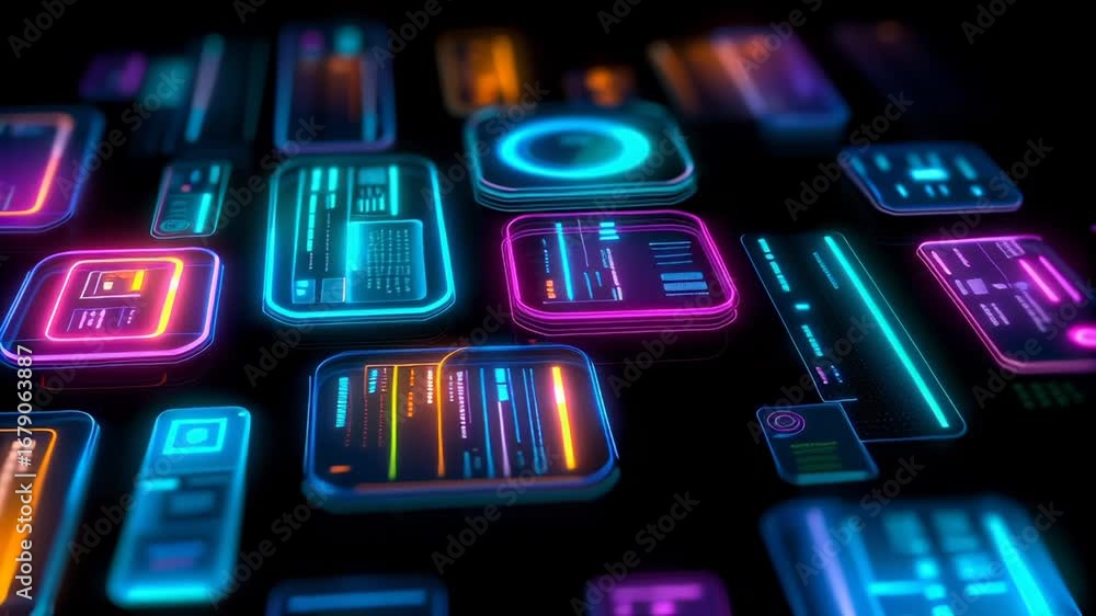 Poster immersive digital environment with glowing illuminated interface elements featuring dynamic data scr