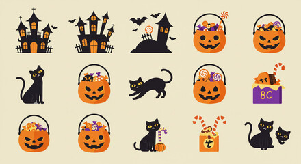 Halloween Pixel Art Icons: Cats, Pumpkins, and Haunted Castles