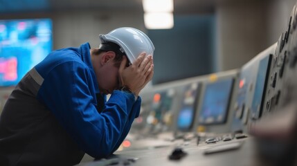 Worker in blue uniform and white hard hat sits at control console, head down in moment of stress or contemplation, surrounded by screens and equipment