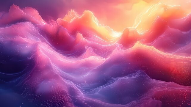 Vibrant abstract landscape with swirling waves in shdes of pink and purple, iluminated by a warm sunset,evoking tranquility and crativity.