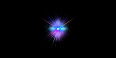 A vibrant explosion of purple and blue light radiates against a black background.