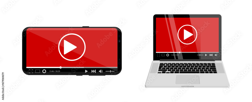 Poster red play button on a laptop computer screen and smartphone with video player interface. digital medi