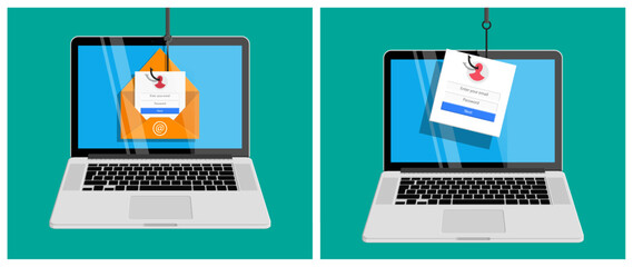 Phishing attempt on laptop, email with login form being caught by a fishing hook. Digital security and cybercrime concept.
