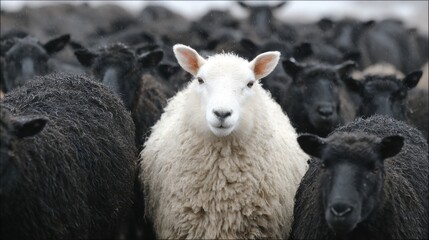 A white sheep is prominently positioned among a large group of black sheep in a misty open field. The cloudy sky adds a serene atmosphere to the peaceful grazing scene.