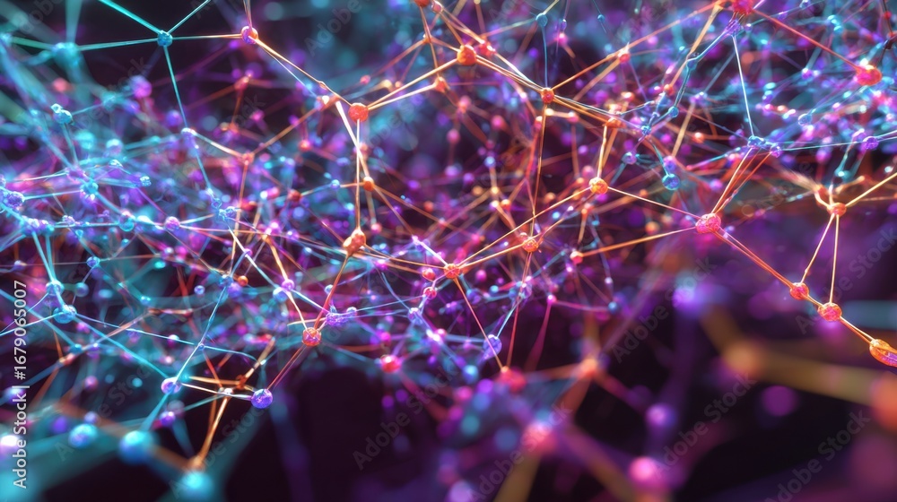 Poster vividly colored connections form complex patterns in a digital network design. bright hues of pink, 