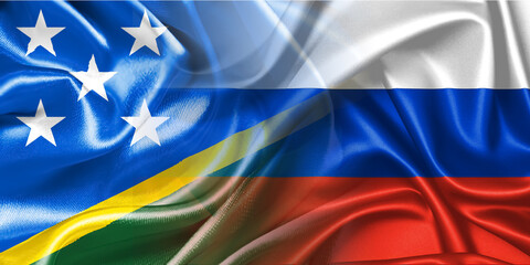The national flags of Russia and the Solomon Islands are combined into one and placed side by side on a fluttering cotton background. Flags.