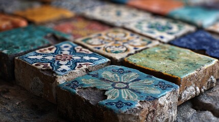 Naklejka premium Vibrant editorial of artisan tile installation on an old fountain base, cracked tiles replaced with modern matches visual storytelling, copy area on left