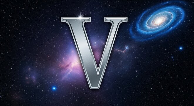 A large, metallic letter v floats in the vast expanse of space, surrounded by stars, nebulae, and a distant spiral galaxy, evoking a sense of cosmic wonder and exploration - Powered by Adobe