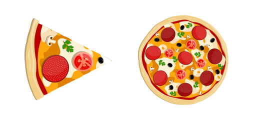Whole pizza and a single slice with various toppings. Classic italian food, fast food for restaurant menu concept.