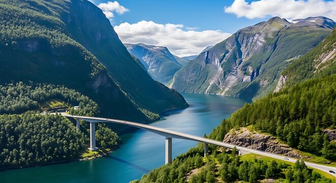 Scenic view of a modern bridge spanning across a deep fjord with steep, forested mountains on either side under a partly cloudy sky