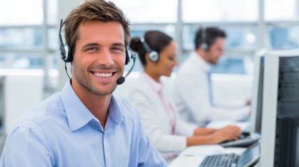 A customer service representative smiles while using a headset at a contemporary office. Two colleagues work diligently at their desks, creating a productive atmosphere.