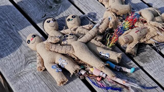 Burlap Voodoo Dolls: A Macabre Gathering on Weathered Wood
