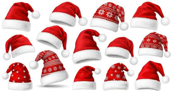 Collection of festive red and white Santa Claus hats with decorative patterns for Christmas celebrations