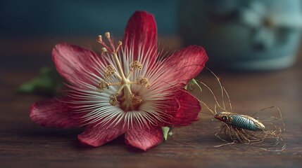 Exotic deep red flower with intricate stamens and a delicate dragonfly
