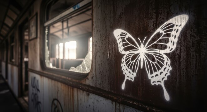 Graffiti butterfly on rusty train car in abandoned urban setting - Powered by Adobe