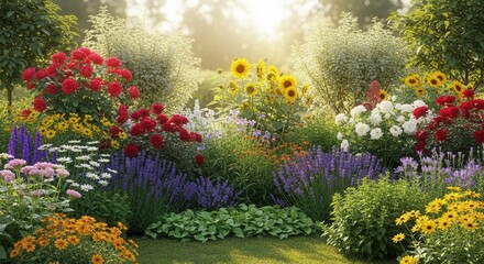 Obraz premium Sunlit Garden Bursting with Vibrant Flowers and Lush Greenery Bathed in Golden Morning Light