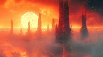 Futuristic skyline at sunset, towering spires emergefrom vibrant clouds, evokig a sense of wonder and adenture in a surreal landscpe.