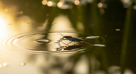 A Close Up of a Water Strider on a Pond with Ripples