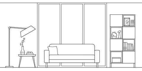 Living room graphic black white home interior sketch illustration vector 