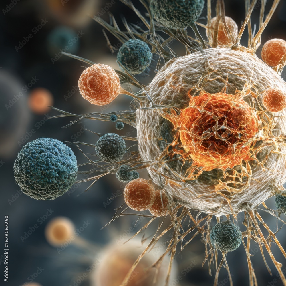 Poster various types of cells can be seen engaging and interacting in a vibrant biological landscape, highl