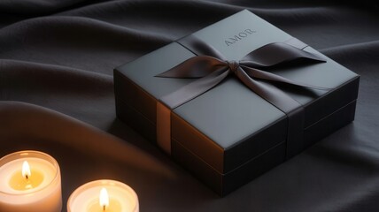 Elegant black gift box with satin ribbon and glowing candles, perfect for luxury gifting and special occasions