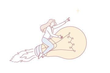Business success, innovation and challenge concept. Young confident Business woman flying forward on bright huge light bulb feeling confident vector illustration