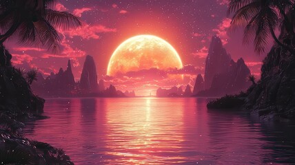 Stunning sunset over tranquil waters, with a vibrantpink moon illuminating rocy silhouettes and palm tres, perfect for travel and ature-themed projects.