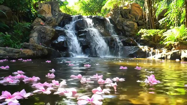 Serene Waterfall with Pink Flowers Floating in a Tranquil Garden Pond.