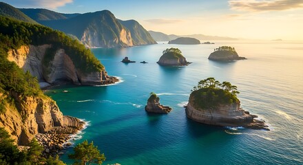 Breathtaking coastal landscape at sunset with dramatic cliffs, lush green vegetation, and small rocky islands dotting the turquoise sea under a warm, golden sky