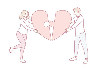 Valentines day, Love, romance concept. Young happy smiling loving Man and woman lovers connecting halves of big red heart feeling in love one family vector illustration