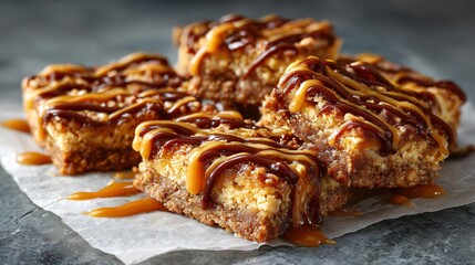 A caramel apple bars with drizzle, styled on wax paper, rough stone background, soft light shadows