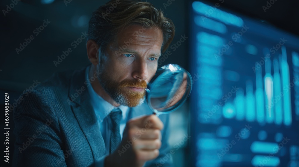 Poster a man dressed in formal attire closely examines data with a magnifying glass in a modern office fill