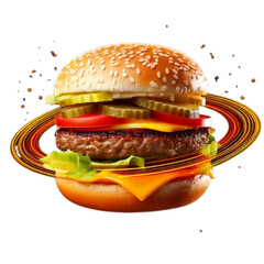 Floating Space Burger with Rings Like a Planet, Angled Perspective, isolated.