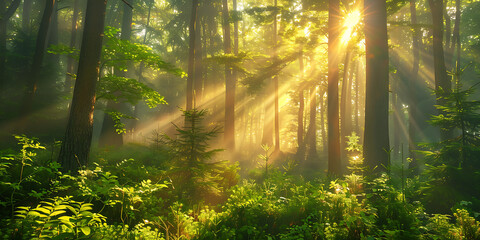 Obraz premium Sunlit forest with tall trees, lush green undergrowth, golden rays piercing mist, ethereal peaceful low-angle ambiance