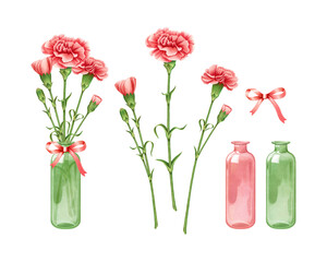 Set of vintage watercolor carnation schabaud Pink red flowers Bouquets in red green glass bottles