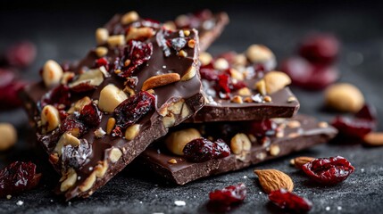 A chocolate bark with roasted nuts and dried cranberries, broken into pieces, dark concrete background
