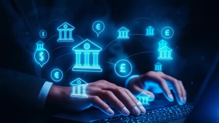 Digital Banking and Finance with Currency Symbols and Banking Institutions Displayed on Computer Interface