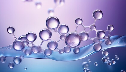 collagen or retinol or ceramide molecule cosmetic moisturizing ingredient molecular structure swatch bubbles moisturizer liquid essence serum or toner beauty and cosmetics blue lilac background