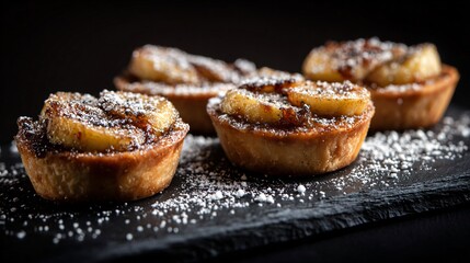 A close-up of caramelized banana tartlets on black matte board, scattered powdered sugar, moody fall lighting