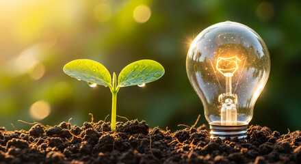 Small plant sprout with water drops and a glowing light bulb are side-by-side in rich soil, symbolizing eco-friendly energy and innovation