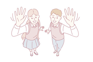 Education, studying and knowledge concept. Smiling boy and girl students pupils standing waving hands looking at camera showing excitement vector illustration