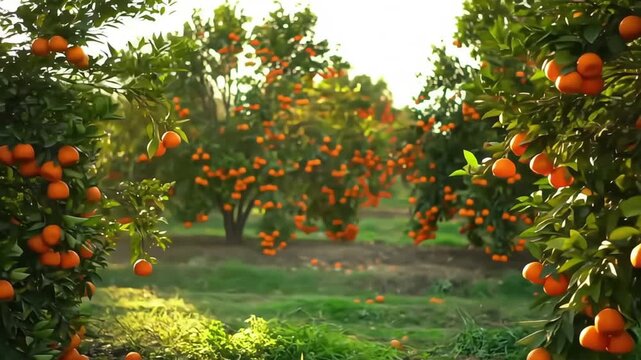 Beautiful orange orchard at sunrise with rows of trees full of ripe oranges. The morning sunlight creates a warm and fresh atmosphere