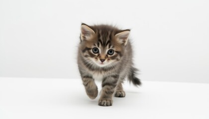 Obraz premium Playful kitten walking on white background animal photography indoor setting close-up view for cat lovers