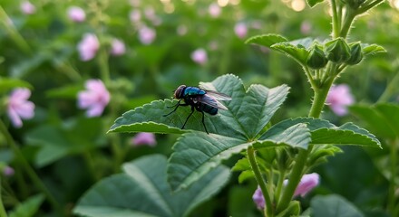 Fly resting on a green leaf in the garden.