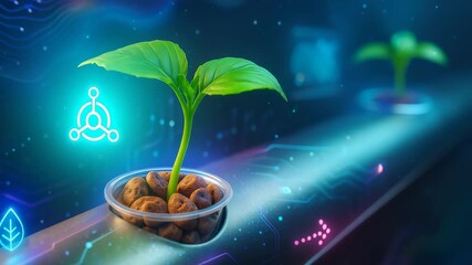 Growing Plant in Digital Environment with Advanced Technology and Data Visualization Elements - Powered by Adobe